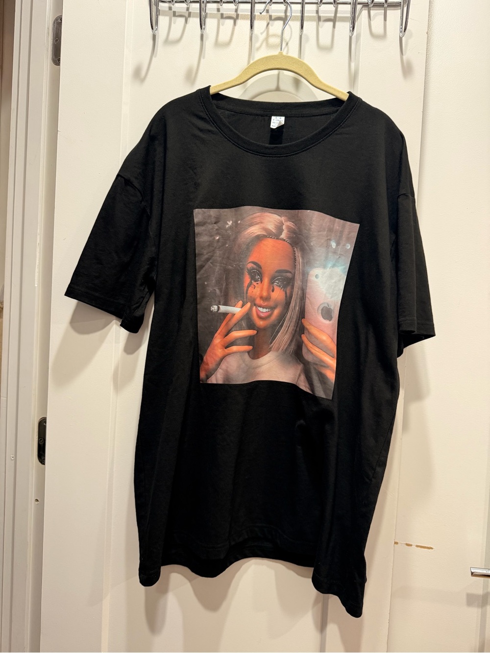 Black Graphic Tee with Artistic Portrait